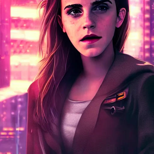 Prompt: Portrait of Emma Watson, the background is a huge futuristic city, cyberpunk style futuristic neon lights, artstation cgsociety masterpiece highly-detailed