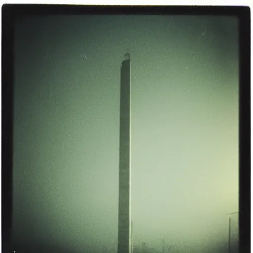 Prompt: wide and tall massive concrete tower reaching into the fog, expired film, old polaroid, night, megalophobia, next to a road, sense of scale,