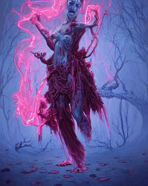 Image similar to A zombie with bioluminescent varicose veins and blood vessels, by artgerm and moebius and Peter mohrbacher, artstation, vivid pink and blue colors, stunning fantasy horror, smooth, intricate, ornate, digital painting, artstation, concept art, morbid fantasy, sharp focus, illustration, trending on artstation