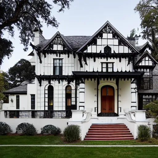 Image similar to stucco tudor with wood and tile white black mansion by mcalpine house, by jackson & leroy architects