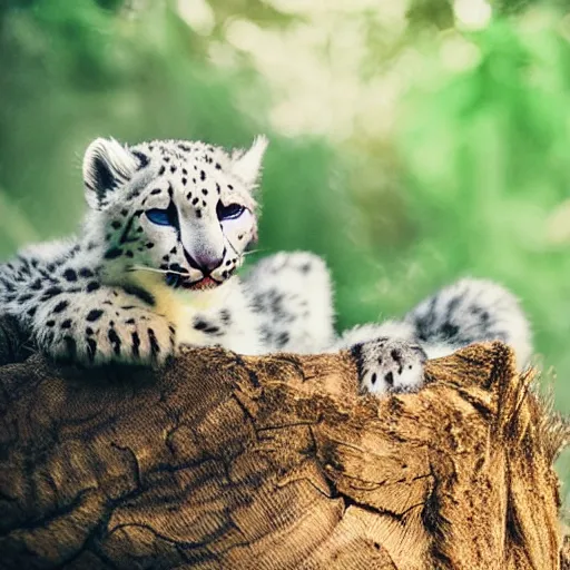 Prompt: very very very very very cute chibi baby snow leopard, portrait, pixar style, forest background, cinematic lighting, award winning creature portrait photography