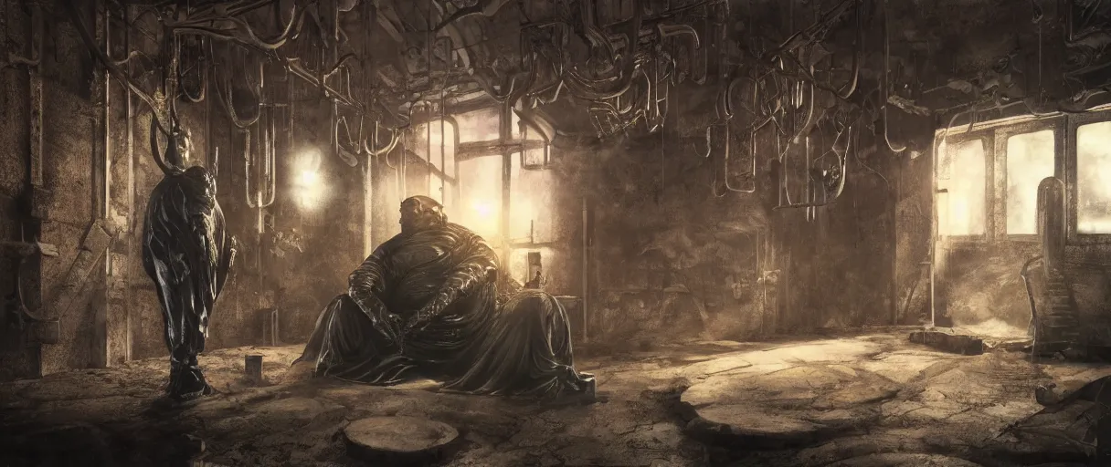 Image similar to baron harkonnen designed by hr giger junji ito moebius yasushi nirasawa, hdr, octane render, emerging from a black oil bath, sanitarium type room with angular windows, sunset emoting through windows, volumetric lighting, photorealistic, 8 k