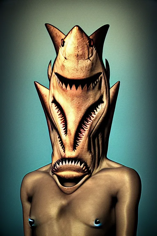 Prompt: royal portrait of a shark man, octane render, in the style of picasso, cinematic, dramatic, photography, portrait, post - production, tone mapping, cgi, vfx