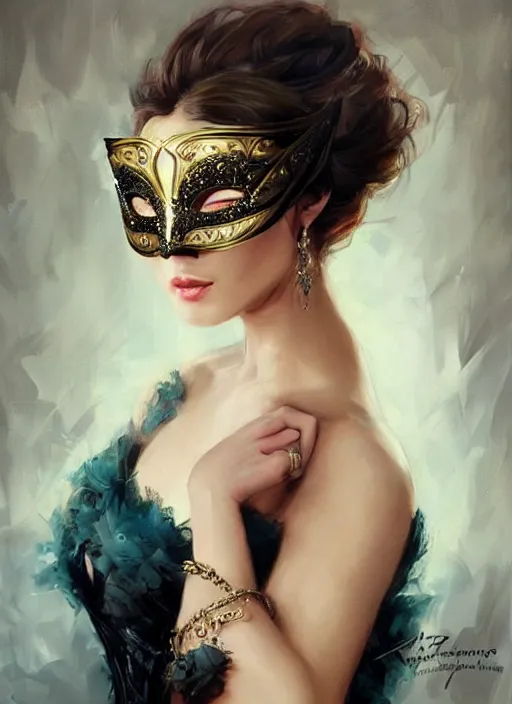 Image similar to a beautiful woman wearing an elaborate masquerade mask and matching ballgown, looking at the viewer with an alluring expression. painting by artgerm and greg rutkowski and magali villanueve