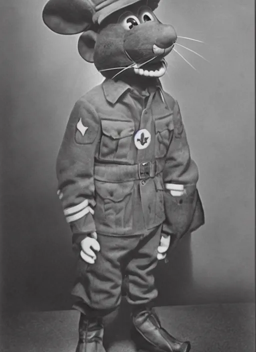 Image similar to Chuck E. Cheese mascot grainy 1940’s WWII military portrait of an anthropomorphic rat animatronic dressed like a soldier, professional portrait HD, mouse, Chuck E. Cheese head, authentic, mouse, costume weird