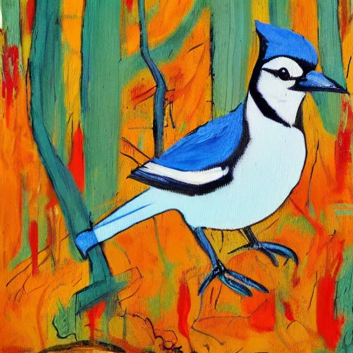 Image similar to bluejay by a river in an autumnal forest, painted by jean michel basquiat