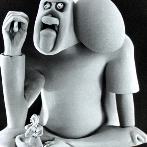 Prompt: a claymation film still of anthropomorphe statuette / bresil / collection / jeu et jouet / claymation by bruce bickford / 6 0 s