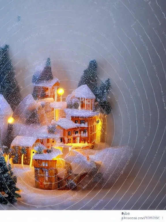 Image similar to snow globe diorama of tiny soviet residential building, lights are on in the windows, cozy atmosphere, fog, cold winter, snowing, streetlamps with orange volumetric light, birches