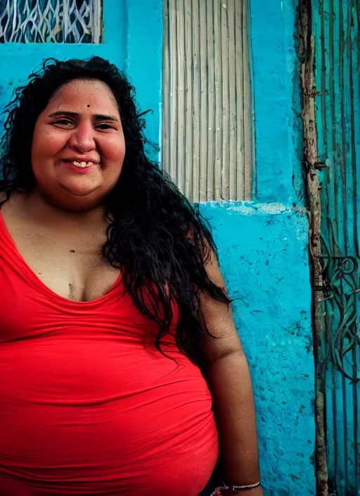 Prompt: close up portrait of a beautiful, fat 30-year-old woman from Cuba, happy, candid street portrait in the style of Martin Schoeller, award winning, Sony a7R