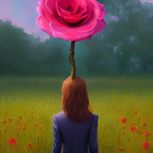 Image similar to closeup, giant rose flower head, frontal, girl in a suit, surreal photography, sunrise, dramatic light, impressionist painting, digital painting, artstation, simon stalenhag