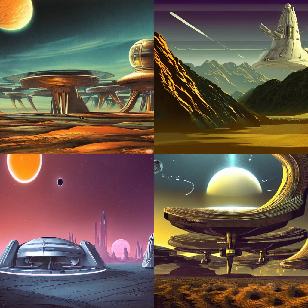 Prompt: retro sci-fi, alien landscape, spaceport