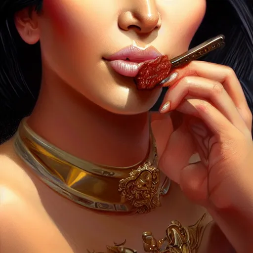 Image similar to Kim Kardashian eating spam, closeup, D&D, fantasy, intricate, elegant, highly detailed, digital painting, artstation, concept art, matte, sharp focus, illustration, art by Artgerm and Greg Rutkowski and Alphonse Mucha