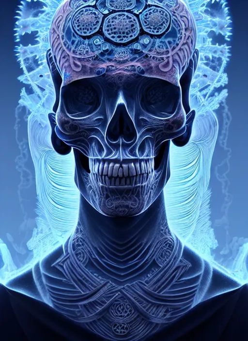 Image similar to 3 d shaman with tattoos profile portrait, sigma 5 0 0 mm f / 5. beautiful intricate highly detailed skull. bioluminescent, plasma, frost, water, wind, creature, gradient background, thunderstorm! artwork by tooth wu and wlop and beeple and greg rutkowski, 8 k trending on artstation,