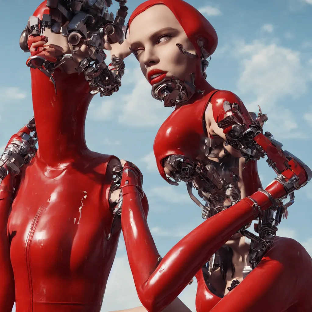 Image similar to a beautiful female cyborg is wearing a worn and ripped red latex jumpsuit, smoking a cigarette, as her mechanical body is slowly shutting down, and she is facing the end of her existence. hyper realistic, octane render, 8 k resolution, full profile, epic angle