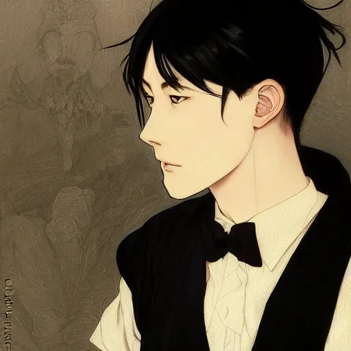 Image similar to Levi Ackerman, south Korean male, wearing a black and white maid dress, short, short hair, pointy nose, annoyed. elegant. highly detailed, digital painting, artstation, concept art, smooth, sharp, focus, illustration. art by artgerm and greg rutkowski alphonse mucha and Marat Safin