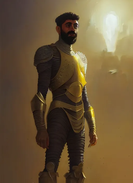 Image similar to highly detailed portrait arab man superhero, armor, yellow charcoal, stephen bliss, 8 k, unreal engine, fantasy art by greg rutkowski, loish, rhads, ferdinand knab, makoto shinkai and lois van baarle, ilya kuvshinov, rossdraws, tom bagshaw, global illumination, radiant light, detailed and intricate environment