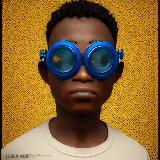 Image similar to vfx portrait - art of a nigerian boy wearing colourful steam punk goggles, art by utagawa kunisada & james jean, volumetric light, symmetrical, ray tracing, unreal engine, octane 3 d render, sharp, detailed, digital render, illustration, highly detailed, intricate detail, pinterest, behance, art station,