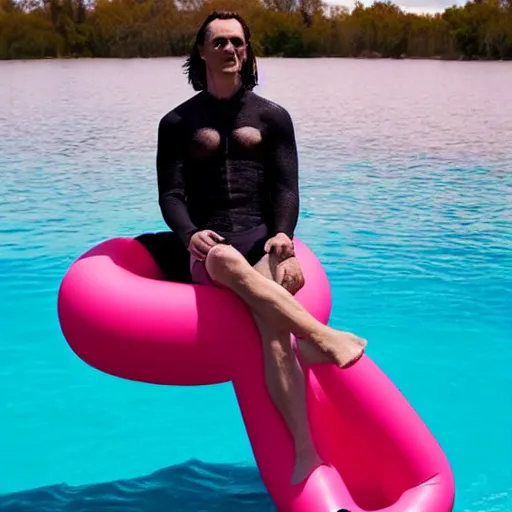 Prompt: Loki sitting on a flamingo pool float in a beautiful lake wearing colorful stockings
