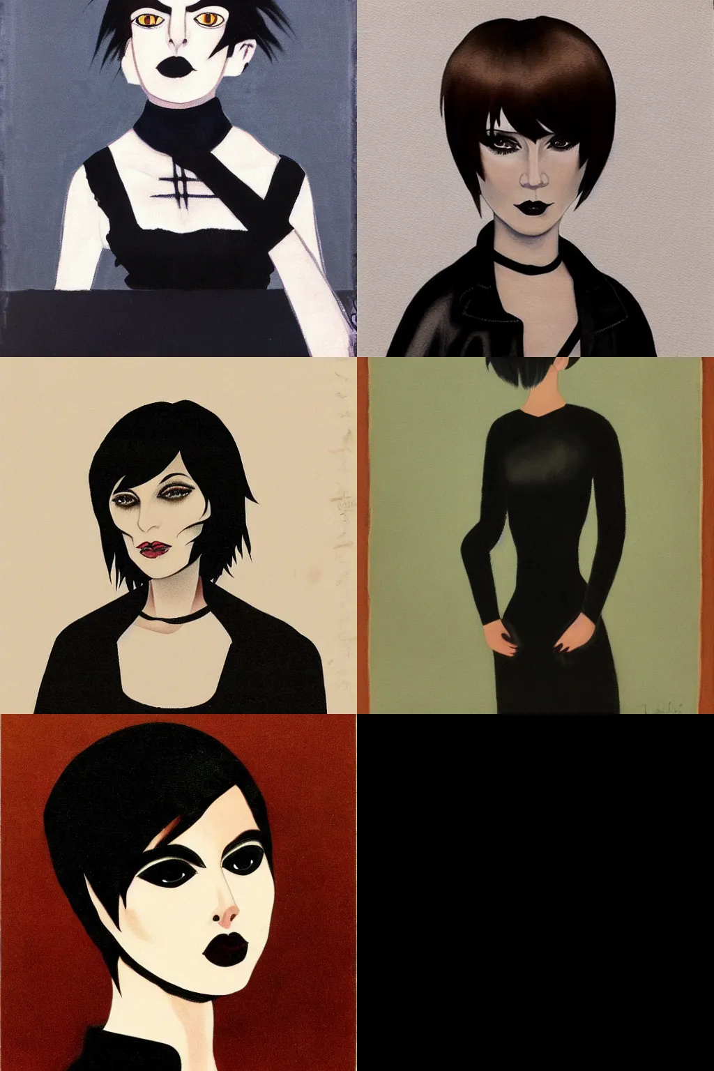 Prompt: goth painted by george ault. high - quality character portrait. short dark brown messy pixie haircut, large black eyes, slightly rounded face, pointed chin, small nose, black tank top, black leather jacket, black knee - length skirt, black choker.