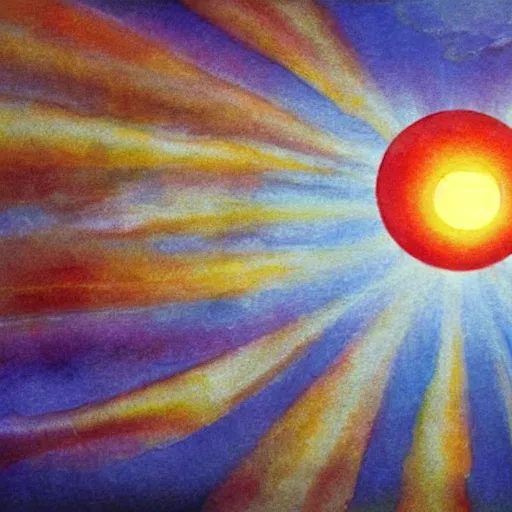 Image similar to A beautiful photograph of the sun. The sun is depicted as a large ball in the center of the piece, with rays of light emanating out from it in all directions. chinese watercolor by Richard Scarry, by Matt Groening, by Alan Moore decorative