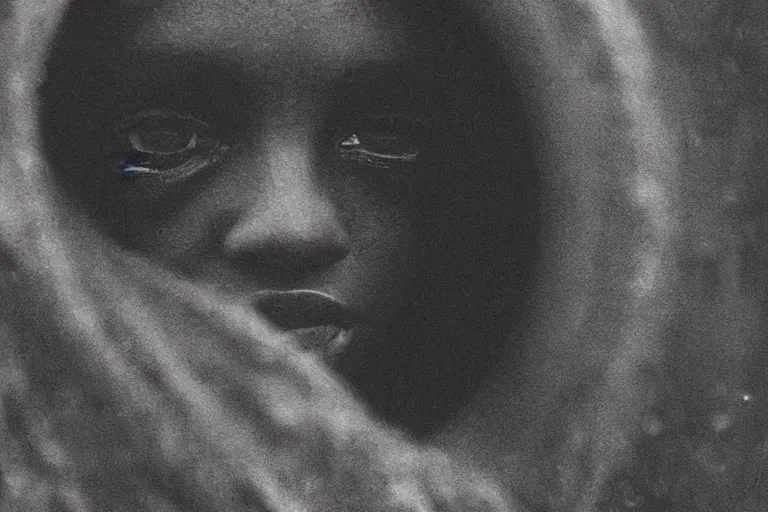 Image similar to a closeup cinematic!! headshot photograph!! of a beautiful female homeless war veteran, stood in a tunnel, rain, dirt, film still, cinematic lighting, by bill henson