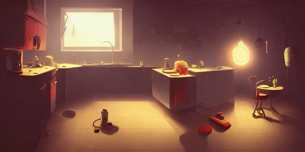 Prompt: minimalistic kitchen dim lit by a candle simon stalenhag gerald brom bastien grivet, fisheye camera, extreme perspective