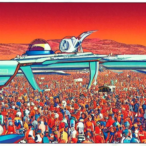 Image similar to A busy, crowded festival on Mars with 2 million people, 80's style retro futuristic art