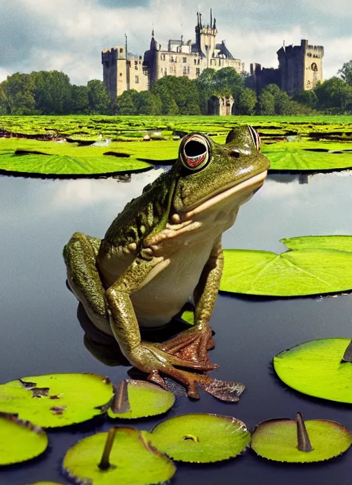 Image similar to close - up of a smiling frog in the pond with water lilies, medieval castle on background, shallow depth of field, highly detailed, autumn, rain, bad weather, ominous, digital art, masterpiece, matte painting, sharp focus, matte painting, by isaac levitan, asher brown durand,