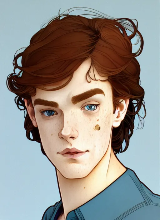 Image similar to well - lit art nouveau portrait of a young man with straight auburn hair, pale skin, freckles, light blue eyes, sad expression, casual clothes, natural lighting, path traced, highly detailed, high quality, cartoon, digital painting, by don bluth and ross tran and studio ghibli and alphonse mucha