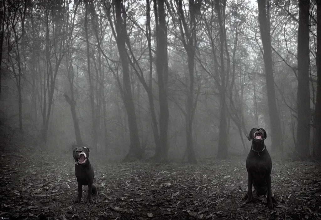 Image similar to low quality iphone photo of a cute pitbull standing ominously deep in the foggy woods with a demonic smile in his face, low visibility, grainy, creepy