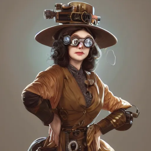 Image similar to Three quarters portrait of a steampunk grannie, poofy hat, goggles, highly detailed, digital painting, art by Stanley Lau and Artgerm and magali villeneuve and Alphonse Mucha, artstation, octane render, cgsociety