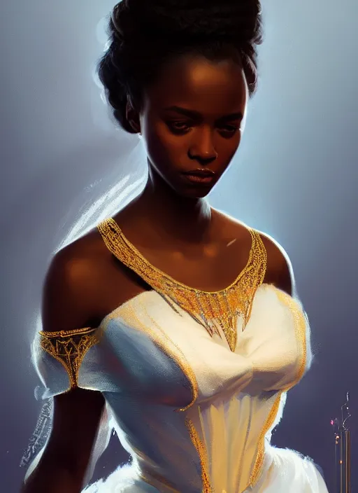 Prompt: full body portrait of young black woman as a princess, beautiful long flowing gown, intricate, beautiful gleaming jewels, highly detailed, digital painting, artstation, concept art, smooth, sharp focus, illustration, art by wlop, mars ravelo and greg rutkowski