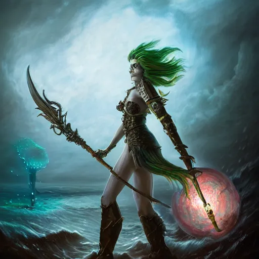 Prompt: a beautiful detailed 3d matte portrait of a triton with green hair, wearing studded leather armor, wielding a staff with a glowing red crystal, male, dungeons and dragons character, standing beside the ocean, by ellen jewett, by tomasz alen kopera, by Justin Gerard, ominous, magical realism, texture, intricate, skull, skeleton, whirling smoke, alchemist bottles, radiant colors, fantasy, volumetric lighting, high details