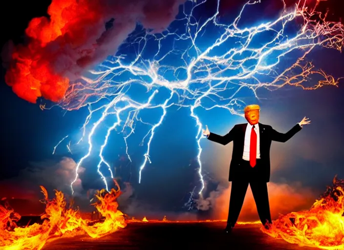 Image similar to burning donald trump casting fireballs, colorful hd picure, lightning in the background