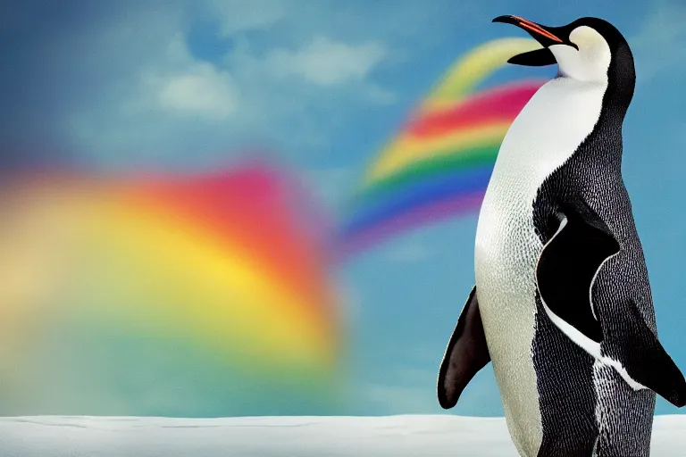 Prompt: a cinematic photo of a penguin, rainbow, lemonade, masterpiece