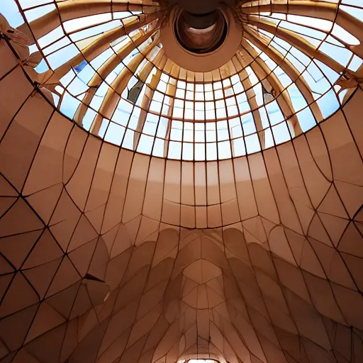 Image similar to looking up in the interior of a futuristic lotus temple with gold, red and white marble panels, in the desert, by buckminster fuller and syd mead, intricate contemporary architecture, photo journalism, photography, cinematic, national geographic photoshoot