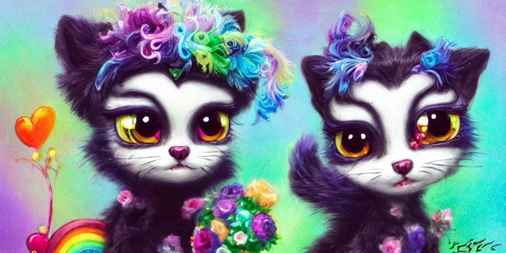 Image similar to 3 d littlest pet shop cat, lacey accessories, glittery wedding, ice cream, gothic, raven, rainbow, smiling, forest, master painter and art style of noel coypel, art of emile eisman - semenowsky, art of edouard bisson