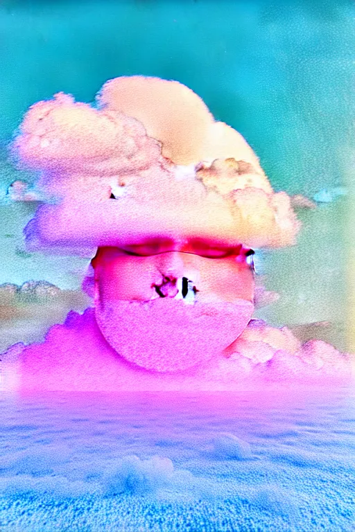 Image similar to high quality pastel coloured film close up wide angle photograph of a model wearing clothing swimming on cloud furniture in a icelandic black rock!! environment in a partially haze filled dreamstate world. three point light, rainbow. photographic production. art directed. pastel colours. volumetric clouds. pastel gradient overlay. waves glitch artefacts. extreme facial clarity. 8 k. filmic.