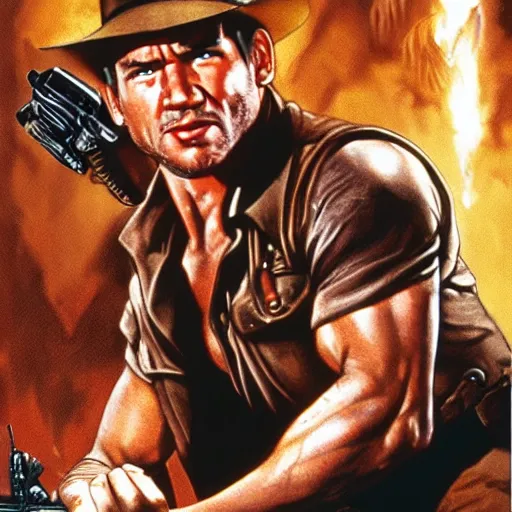 Image similar to indiana jones but played by arnold schwarzenegger with terminator hairdo