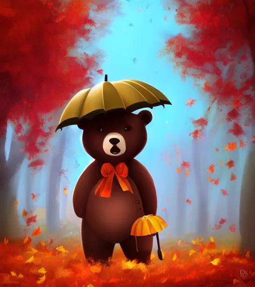 Image similar to autumn a bear with an umbrella cartoon trending on artstation