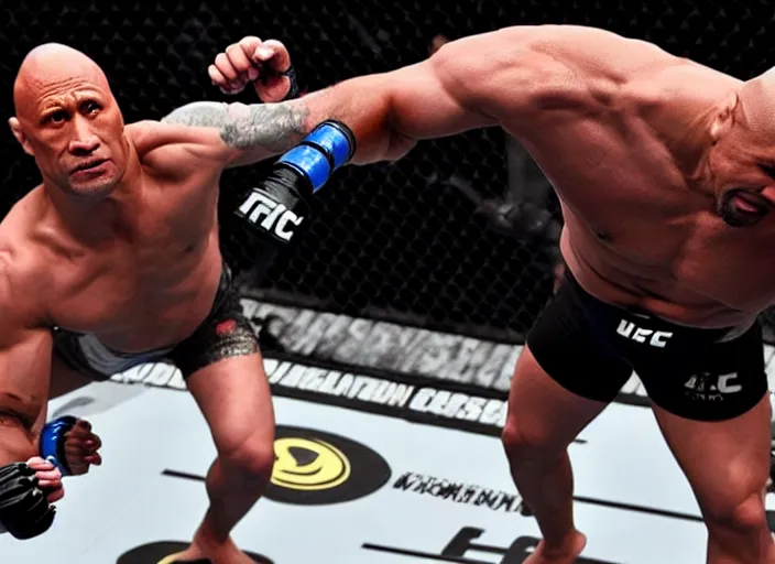 Prompt: dwayne the rock johnson fighting in the ufc, 4 k, photorealistic