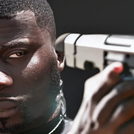 Image similar to angry gucci mane shooting and terrorizing people in the hood, 8k resolution, full HD, cinematic lighting, award winning, anatomically correct