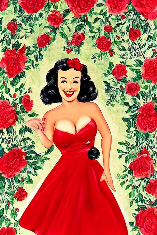 Prompt: a portrait of a beautifull woman, wearing a red dress,with a beautifull smile,a garden background.in american style pin up.anatomically correct