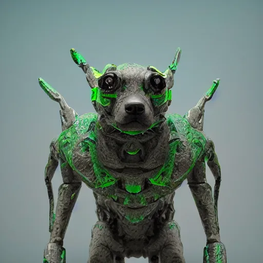 Image similar to hybrid of a cyborg dog and a malachite golem kaiju, ultra detailed, 8 k, rule of thirds, professional lighting, unreal engine.