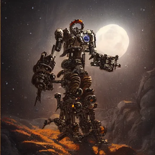 Prompt: portrait concept painting of a rampaging ashigaru mecha construct, on an icy mountaintop, moonlight, of bamboo, laquer and steel, steampunk - inspired by brian froud and greg rutkowski and jessica rossier