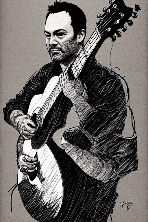 Image similar to full body portrait of dave matthews with an acoustic guitar, concept art, sumi - e style, intricate linework, artstation, trending, highly detailed, smooth, focus, art by yoji shinkawa and glenn fabry,