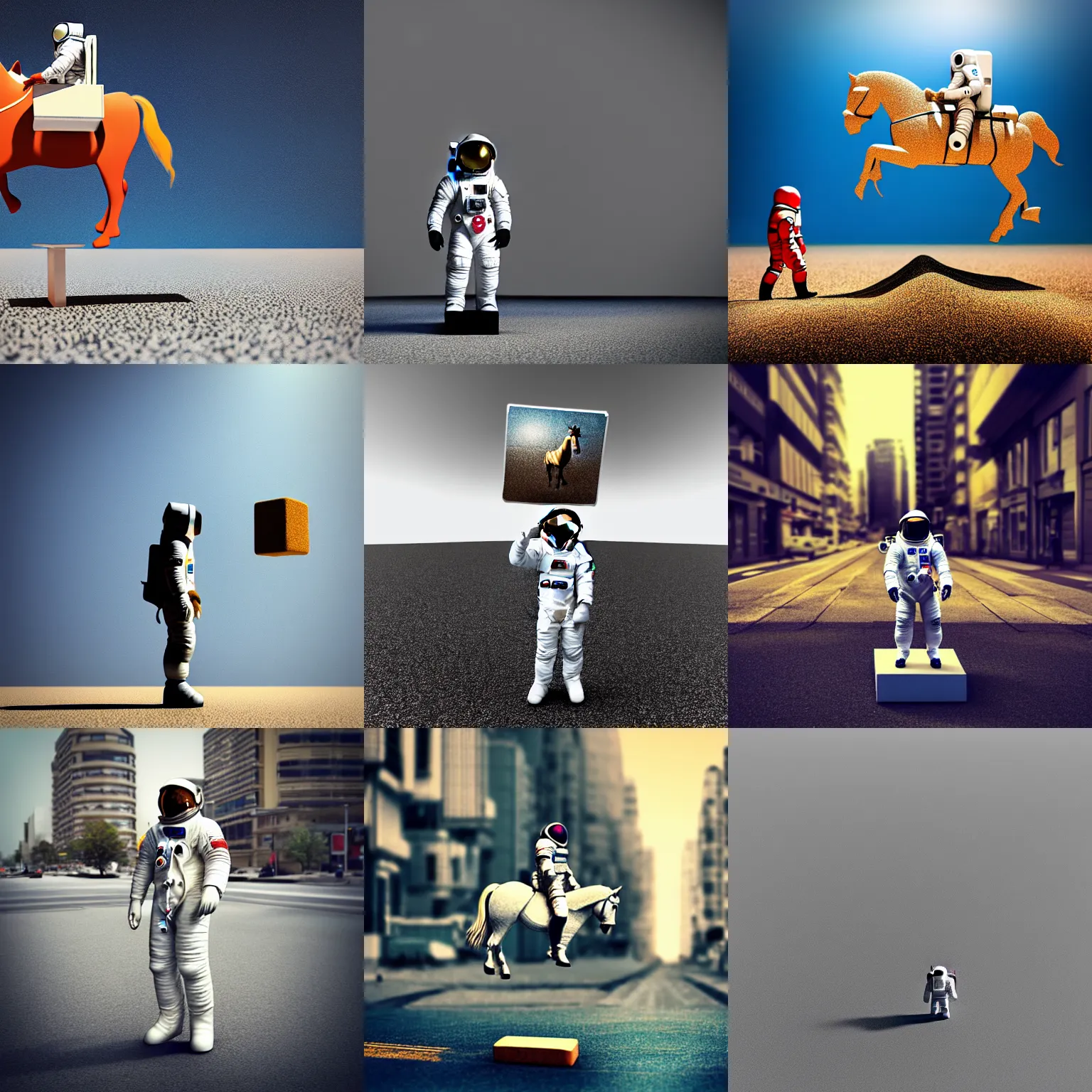 Prompt: an astronaut named jake standing on a cube on the street with street atmosphere. the horse named sand stands on the jake. sand above jake. minimalist style, 3 d render.