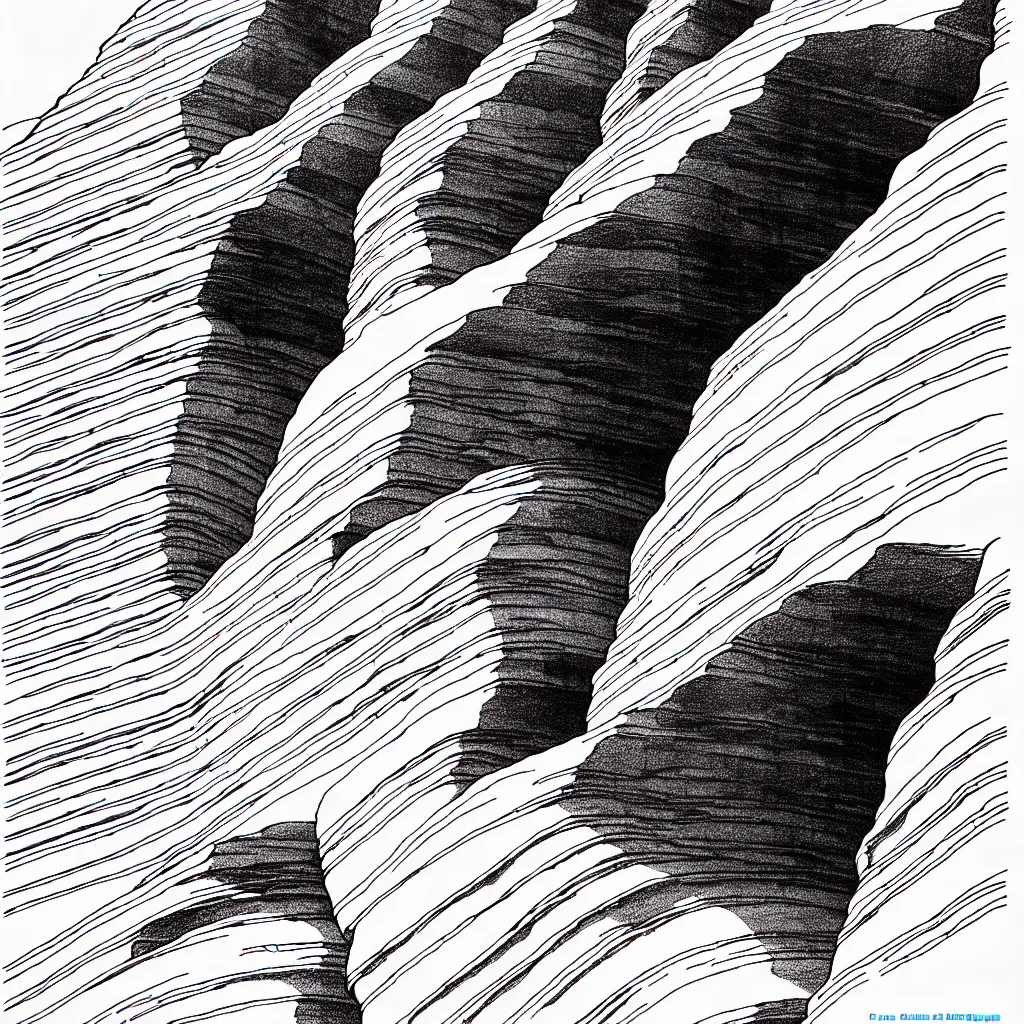 Image similar to slot canyons by moebius, minimalist ink drawing with long lines