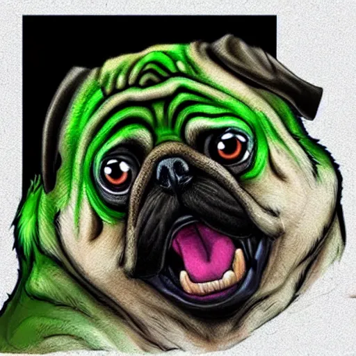 Prompt: pug dog turning into the Incredible Hulk, green skin, angry, torn clothes, marvel comics, cell animation, intricate detail,