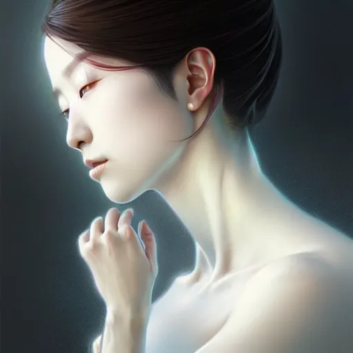 Image similar to ultra realistic illustration, a japanese female digital ghost, transparent, static, intricate, elegant, highly detailed, digital painting, artstation, concept art, smooth, sharp focus, illustration, art by artgerm and greg rutkowski and alphonse mucha